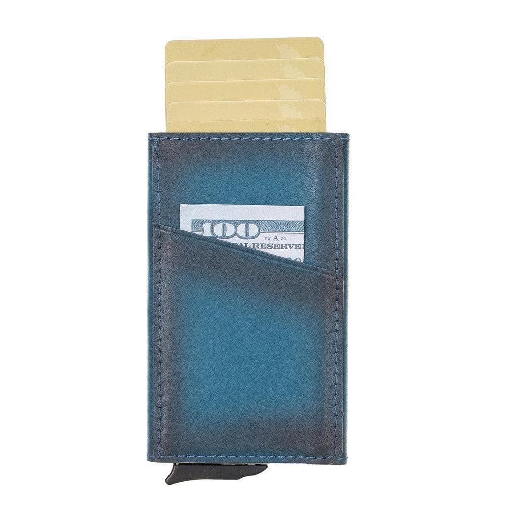 Blue cardholder with a stack of cards and a bill on a white background