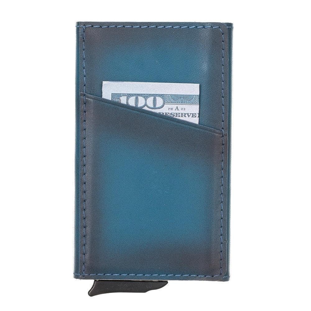 Blue leather wallet with a card slot holding a $100 bill on a white background