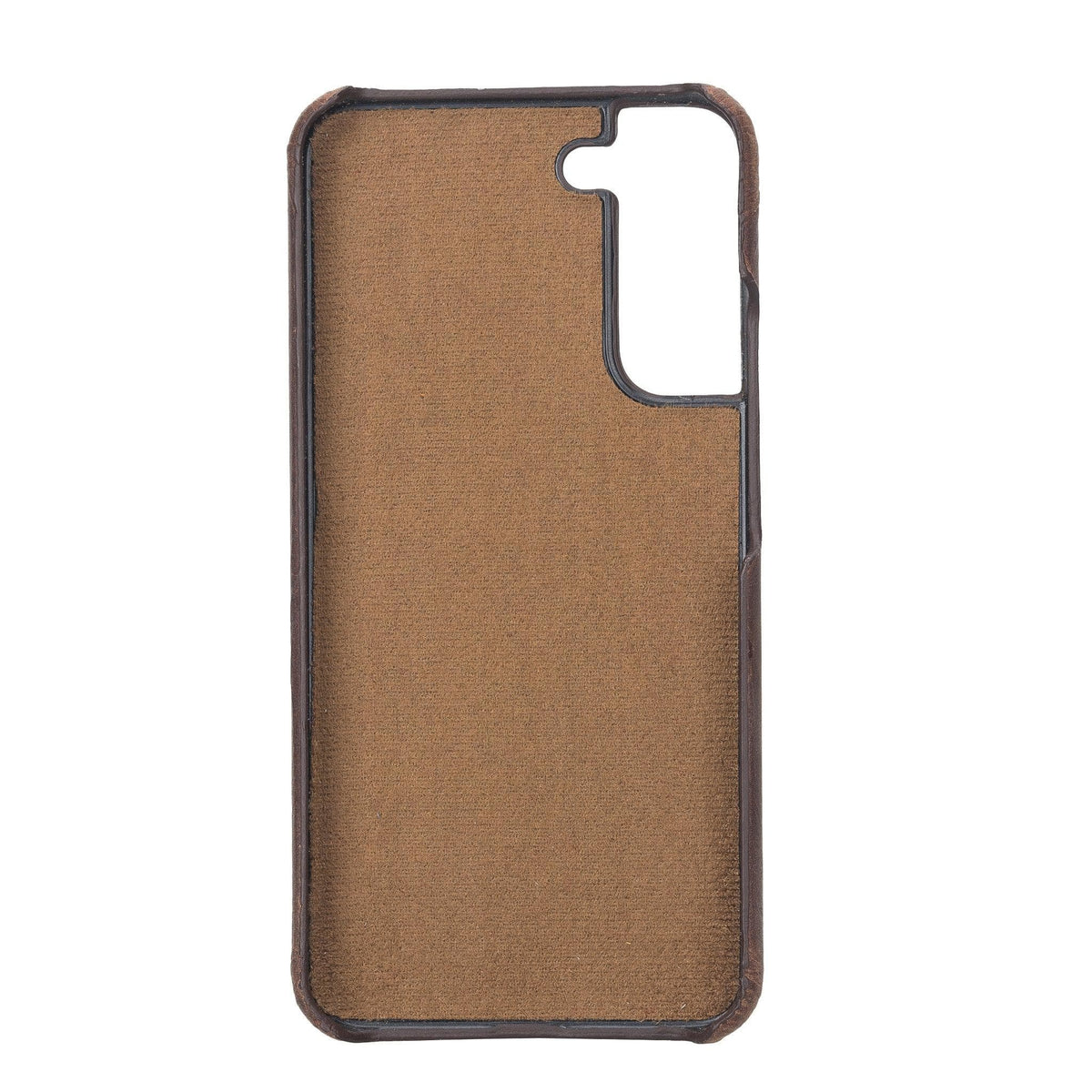 Brown phone case with black border on a white background