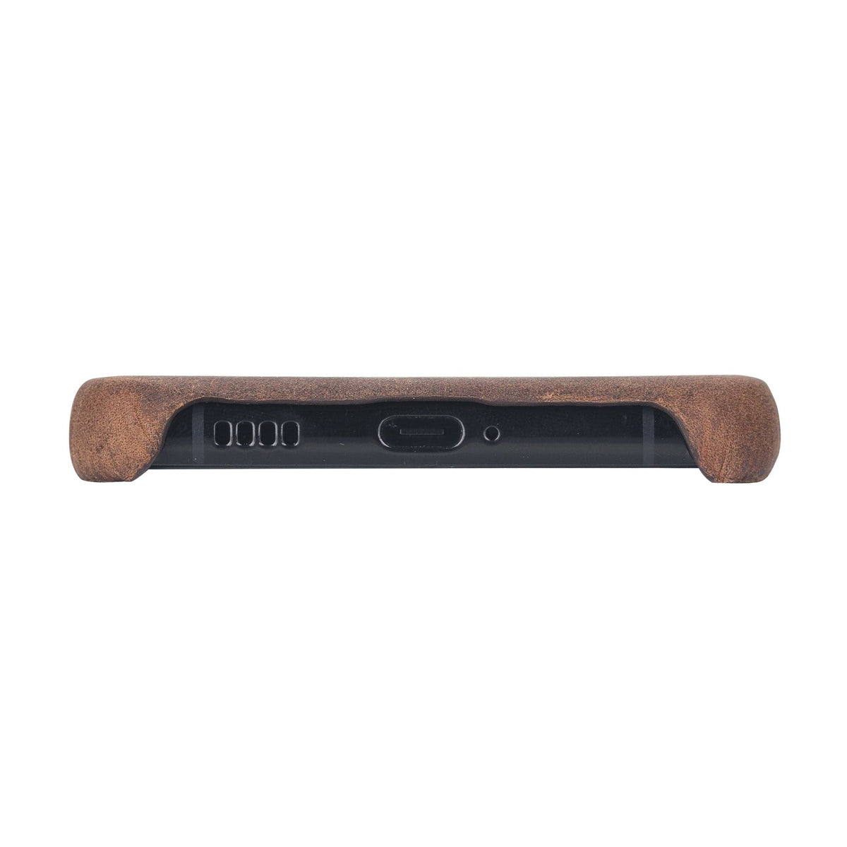 Phone case with brown leather back and black plastic front on a white background