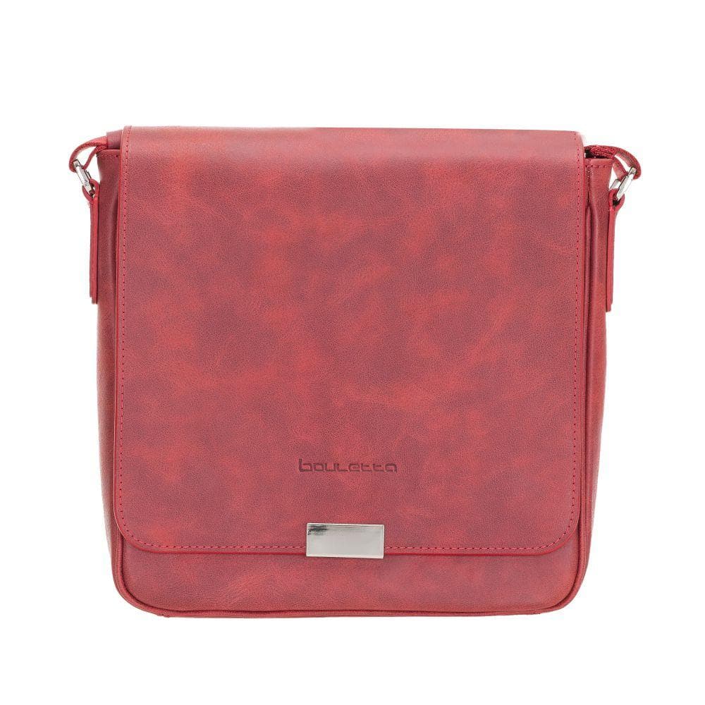 A red genuine leather shoulder strap messenger bag with a zipper closure and a brand logo visible on the front.