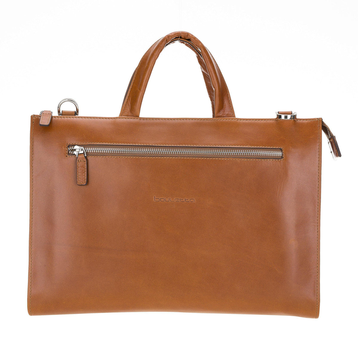A brown genuine leather laptop bag with a zippered main compartment and additional front zippered section, featuring a leather handle and adjustable shoulder straps.