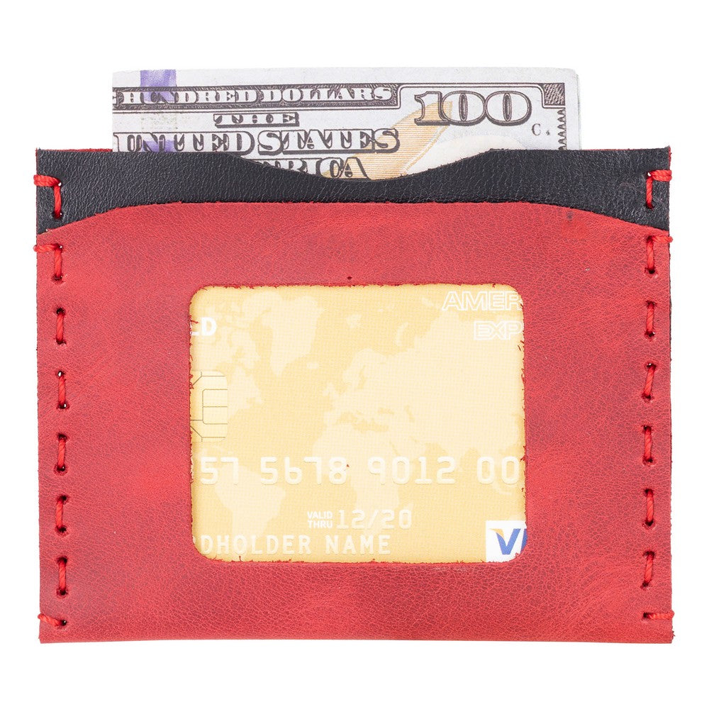 Red cardholder with a gold credit card and $100 bill on a white background