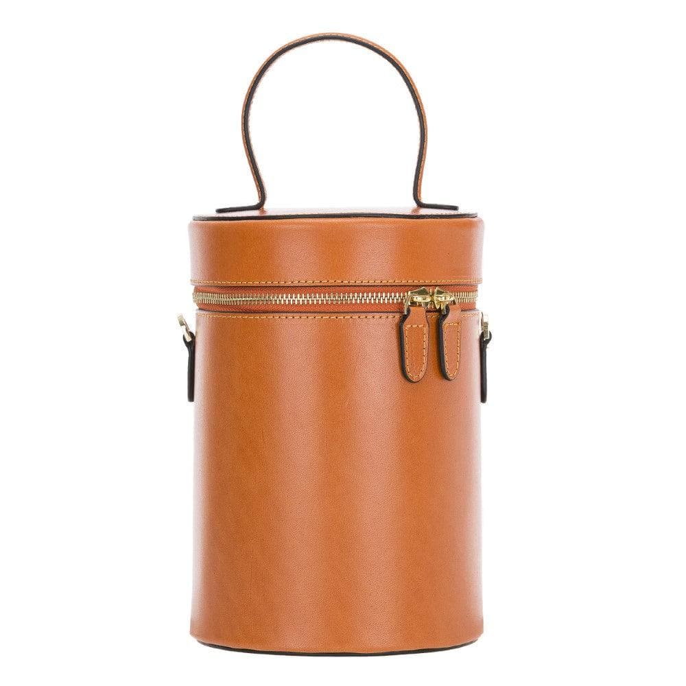 A brown genuine leather women's bag with a sleek, compact design featuring a structured silhouette, a zippered top closure, and gold-colored hardware.