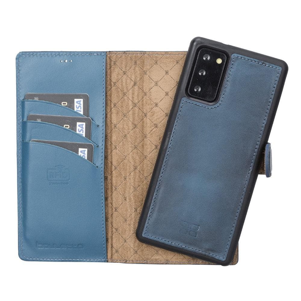 A blue leather detachable wallet case for the Samsung Galaxy Note 20 series. The case is open, displaying the interior card slots and the magnetic closure.