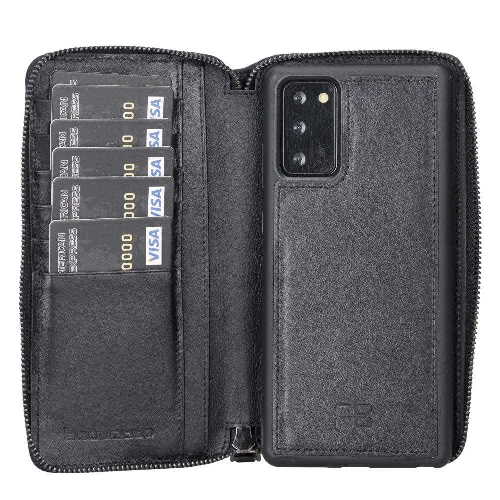 Black leather magnetic wallet case for Samsung Galaxy Note 20 series, featuring multiple card slots and a zippered coin pocket.