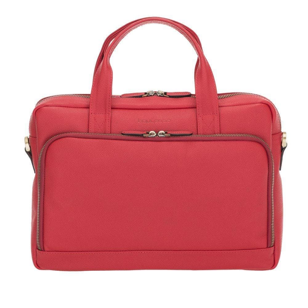 A black Troy 13-inch genuine leather laptop bag with a zippered main compartment and additional zippered sections, designed for 13-inch and six-dimensional devices.