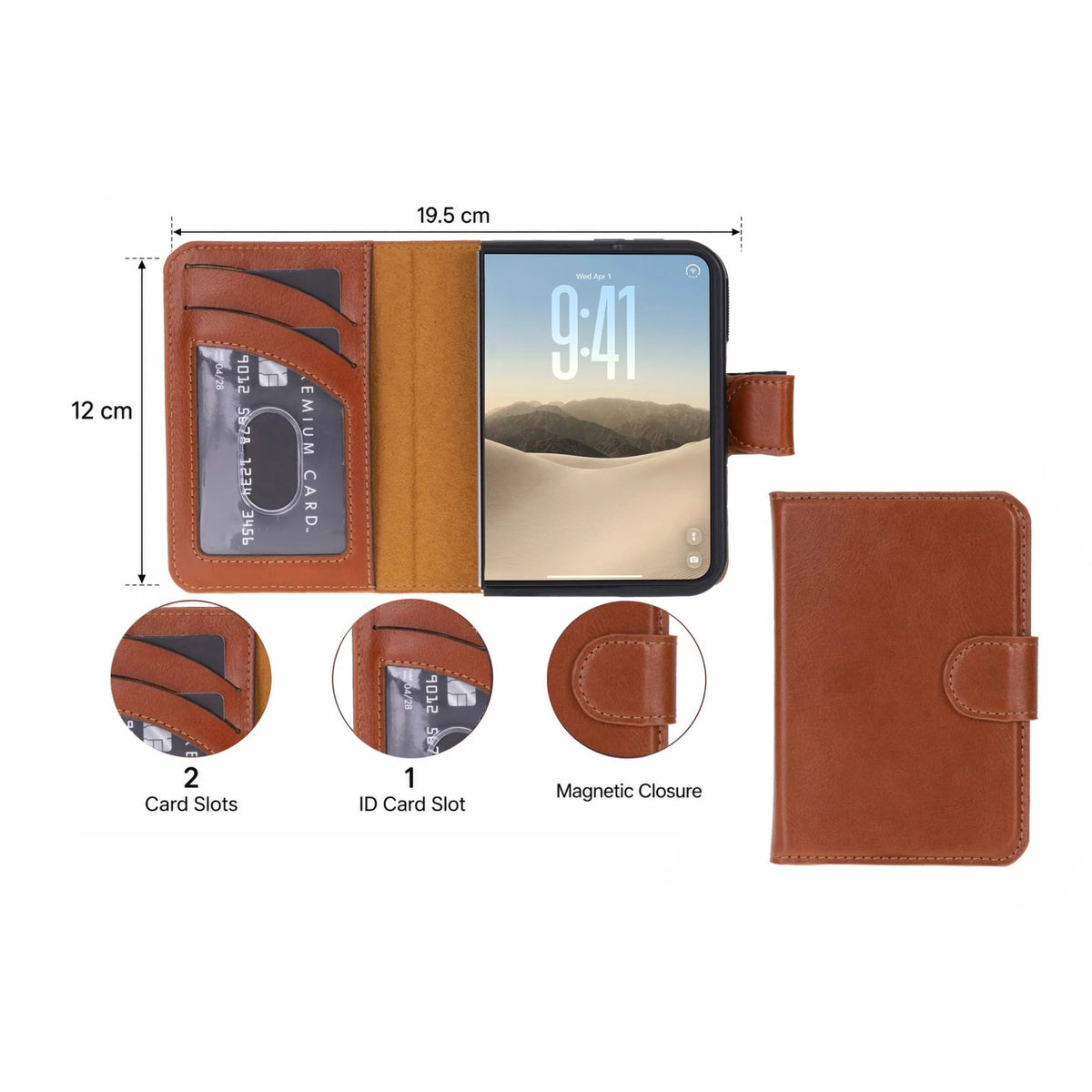 Brown leather folio iphone 18 duo case shown open and closed on a white background, with dimension labels (19.5 cm by 12 cm), two circular detail insets showing card slots and magnetic closure, and a phone inserted in the case.