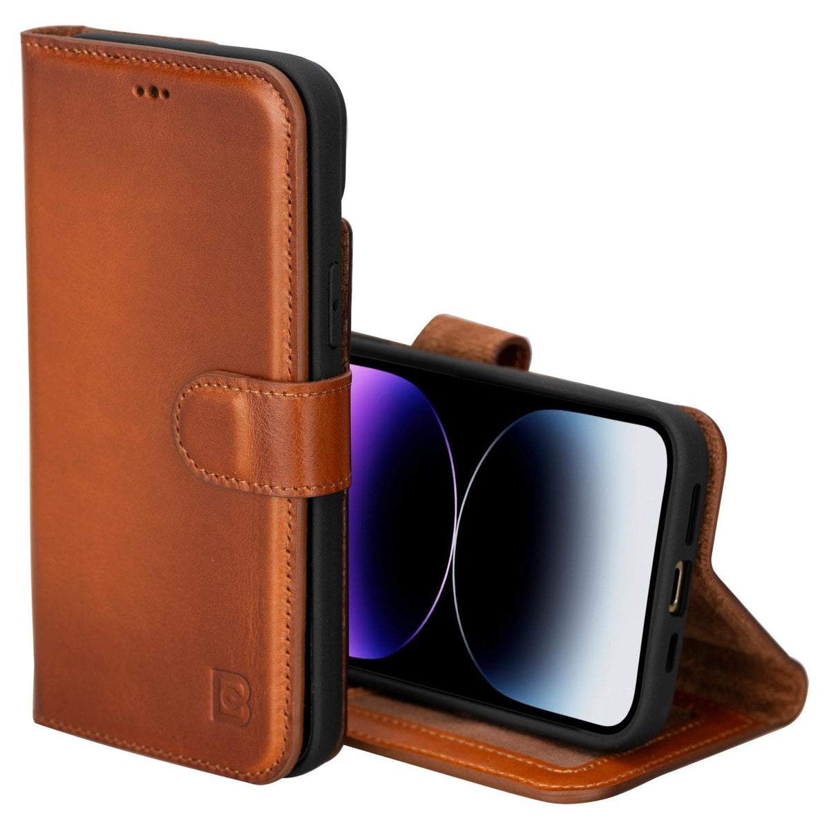 A black iPhone 15 case made of genuine leather, displayed open to show the interior with card slots and a compartment for banknotes.