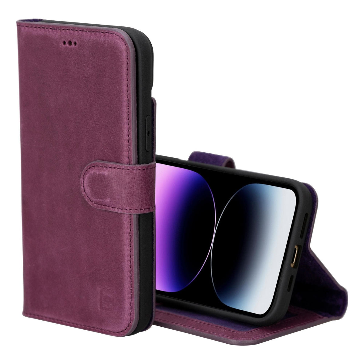 A purple iPhone 15 Pro Max case made of genuine leather, featuring a detachable wallet function, displayed open to show the interior with card slots.