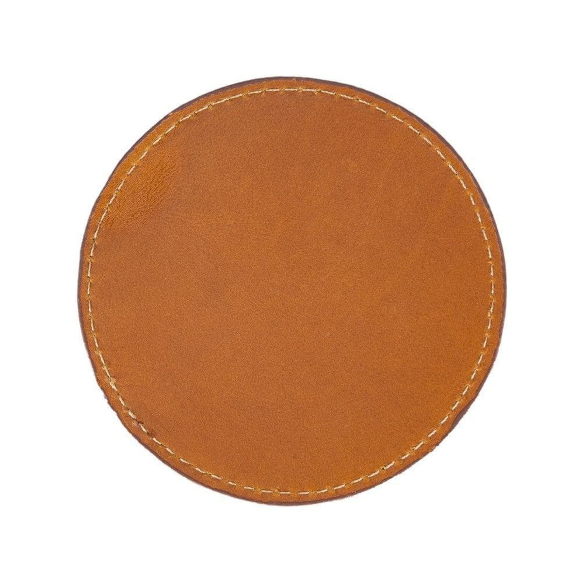 A single black genuine leather cup coaster with visible stitching around the edge.