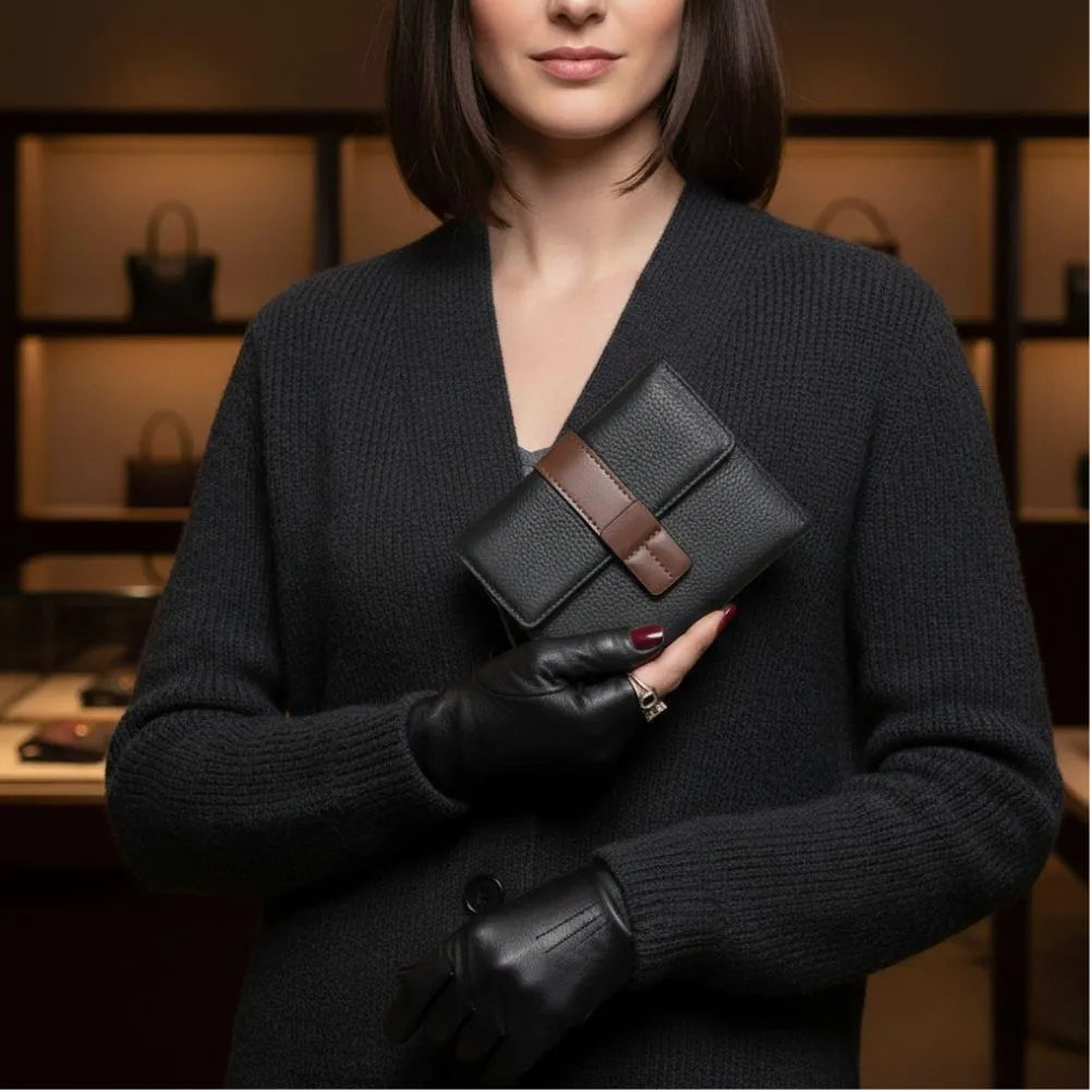 Woman holding a black leather clutch with a brown strap in a store setting
