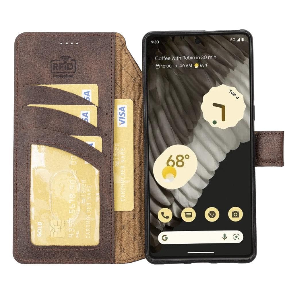 A brown genuine leather wallet case for Google Pixel 7, open, showing the interior with card slots and the Google Pixel 7 smartphone partially inserted.