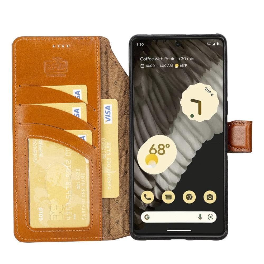 A brown genuine leather wallet case for Google Pixel 7, open, showing the interior with card slots and the Google Pixel 7 smartphone partially inserted.