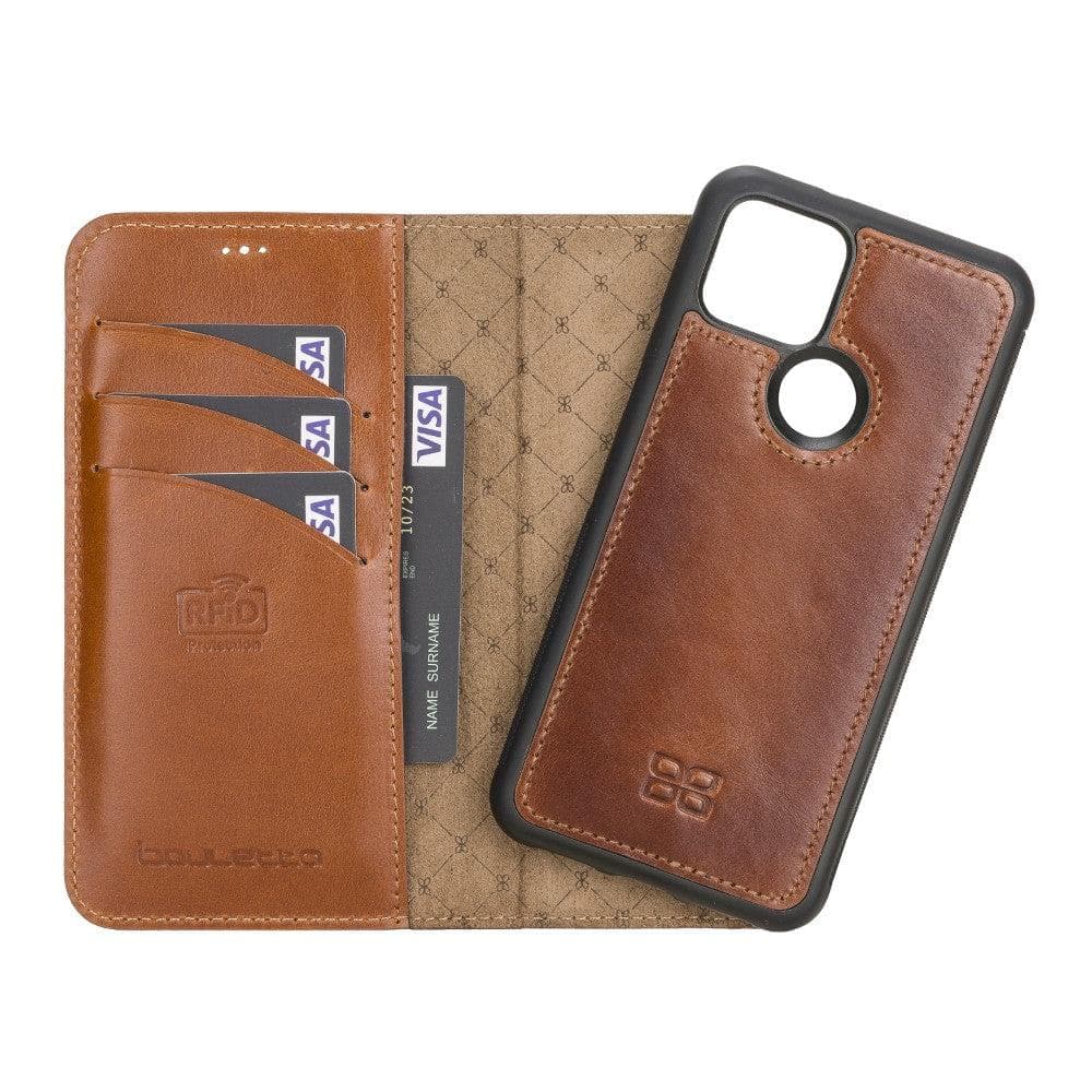 A brown genuine leather wallet case for Google Pixel 5, displayed open to show the interior with card slots and a compartment for banknotes, and the back showing the case's fit for the phone.