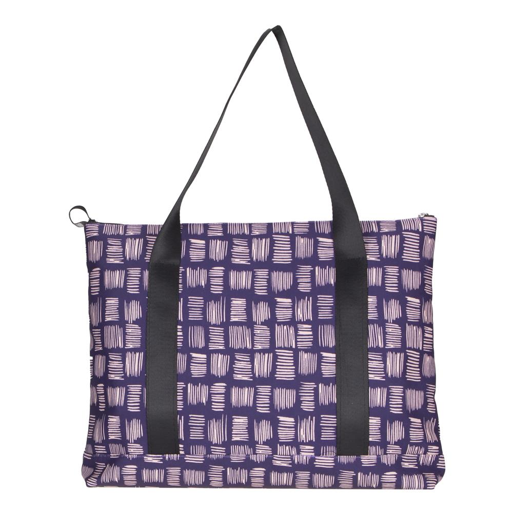 Purple tote bag with black straps on a white background