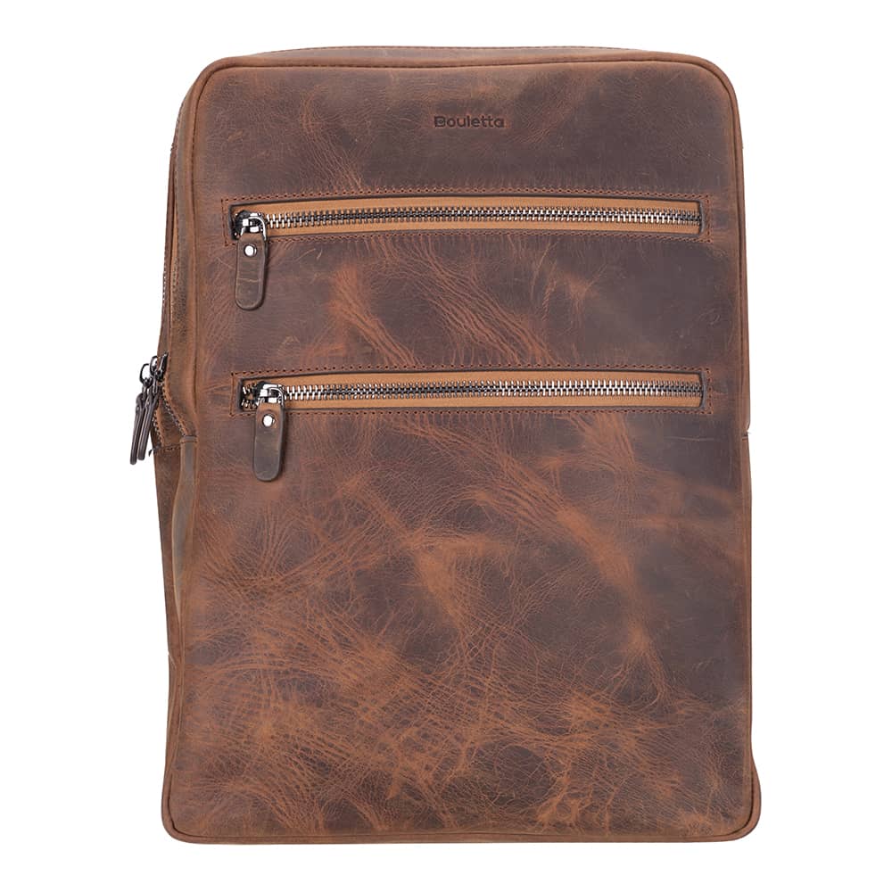 A brown genuine leather laptop backpack with dual zip front pockets and a logo on the top right corner.