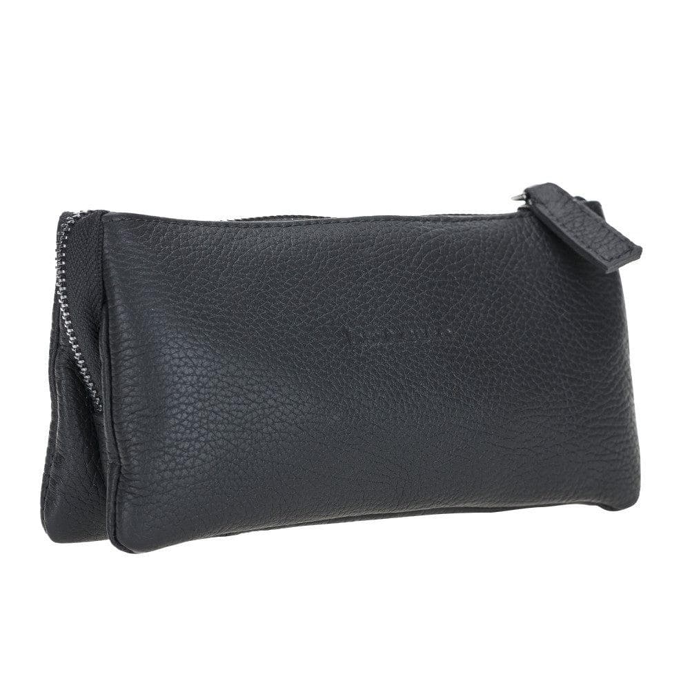 A black genuine leather women's handbag with a zipper closure and shoulder straps.