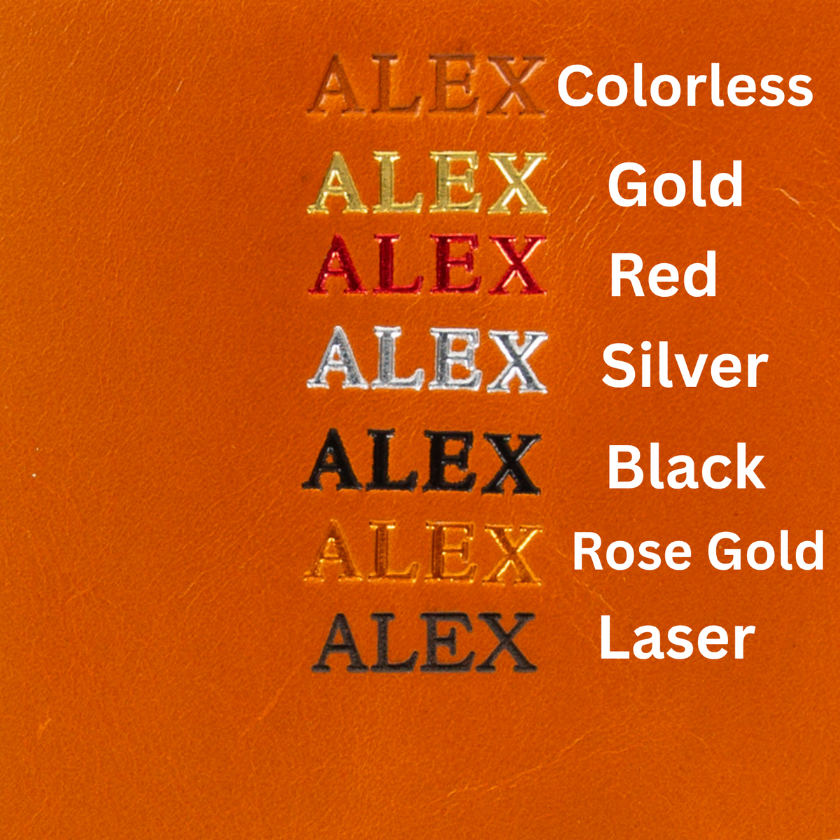 Text 'ALEX' in various colors on an orange background with color options listed.