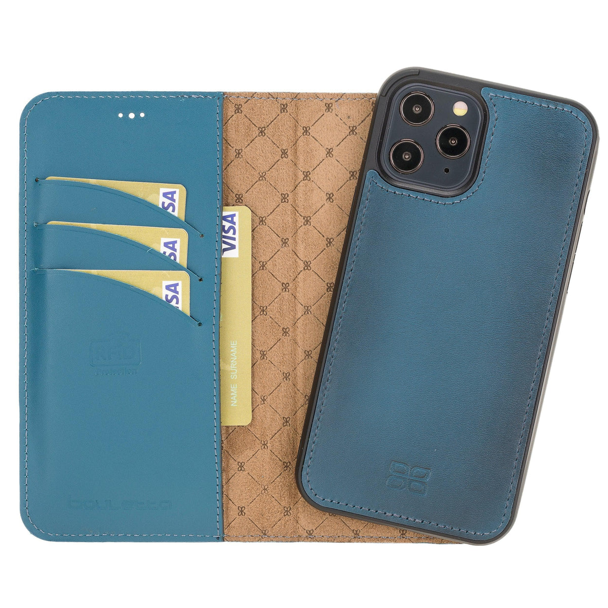 A blue iPhone 12 series leather wallet case with card slots and a magnetic clip, displayed open and closed.