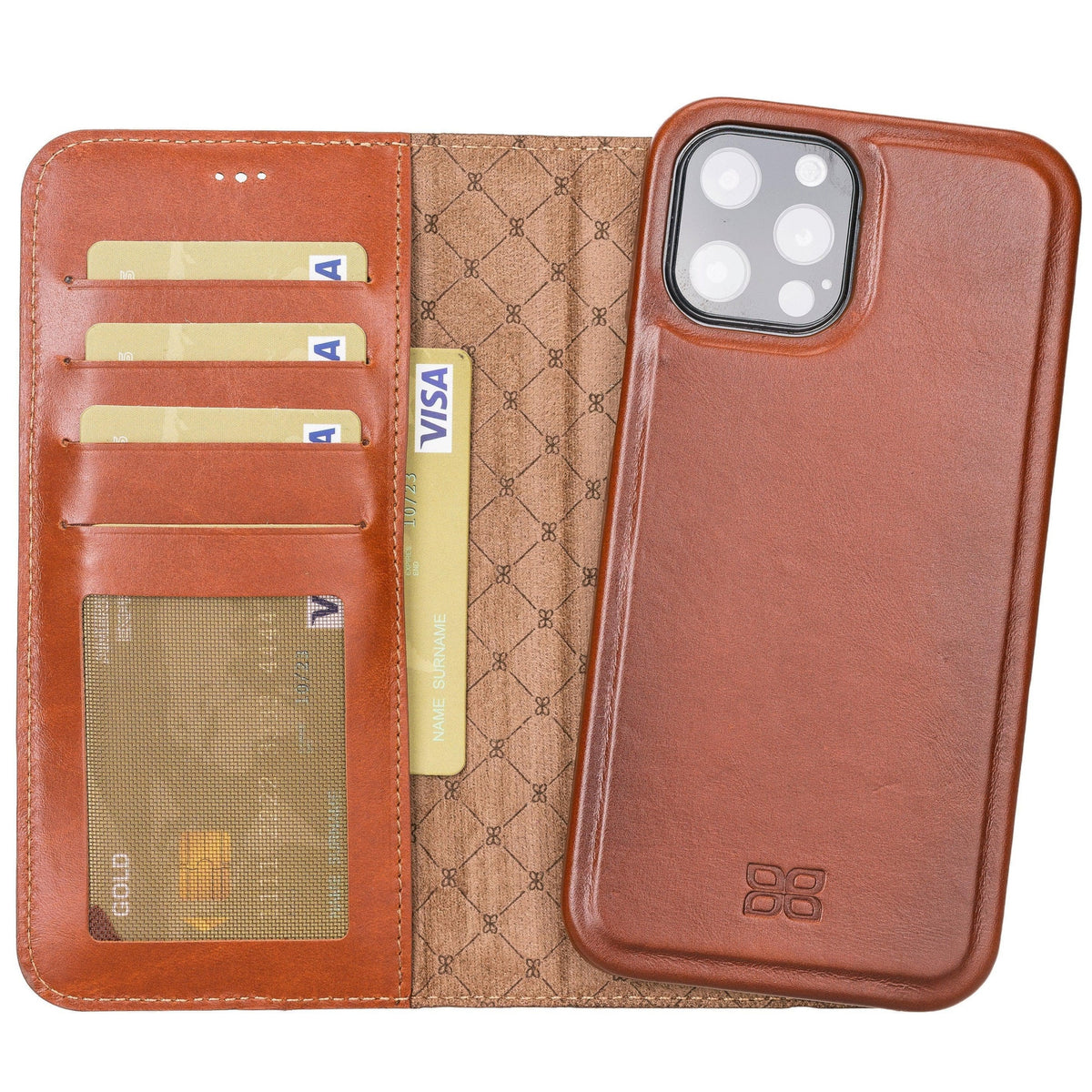 A brown genuine leather wallet case for iPhone 12 series, open to show the cardholders and the interior lining.