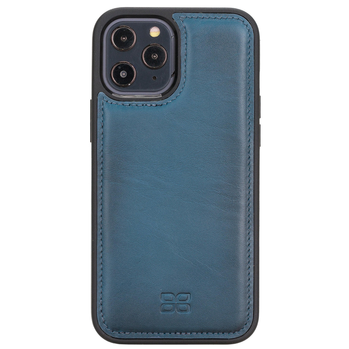 A blue genuine leather back cover for an iPhone 12 series with a magnetic surface and raised edges.