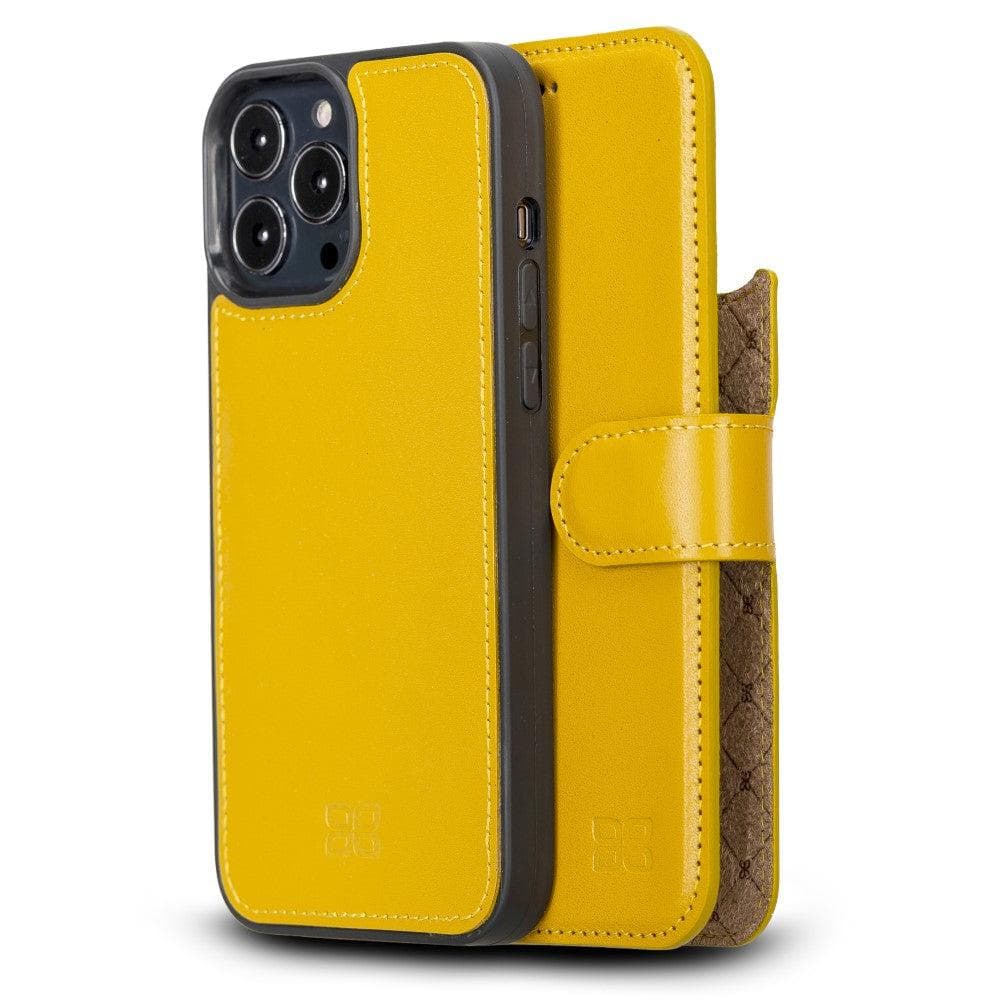 A yellow leather wallet case with magnetic closure designed for the iPhone 13 Series, open to show the interior with card slots and a banknote compartment.