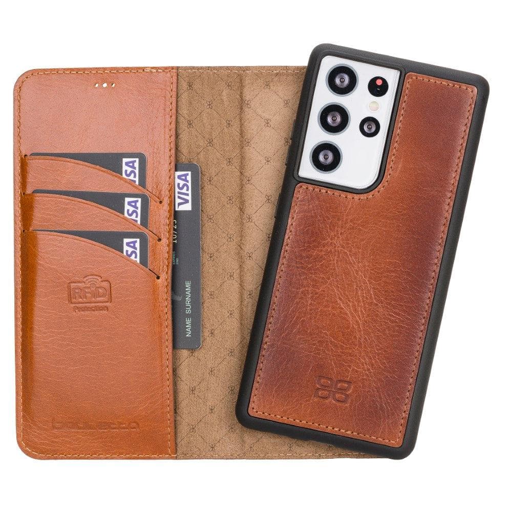 A brown genuine leather detachable wallet case for the Samsung Galaxy S21 series, displaying the front card holder and the back cover with the Samsung logo.