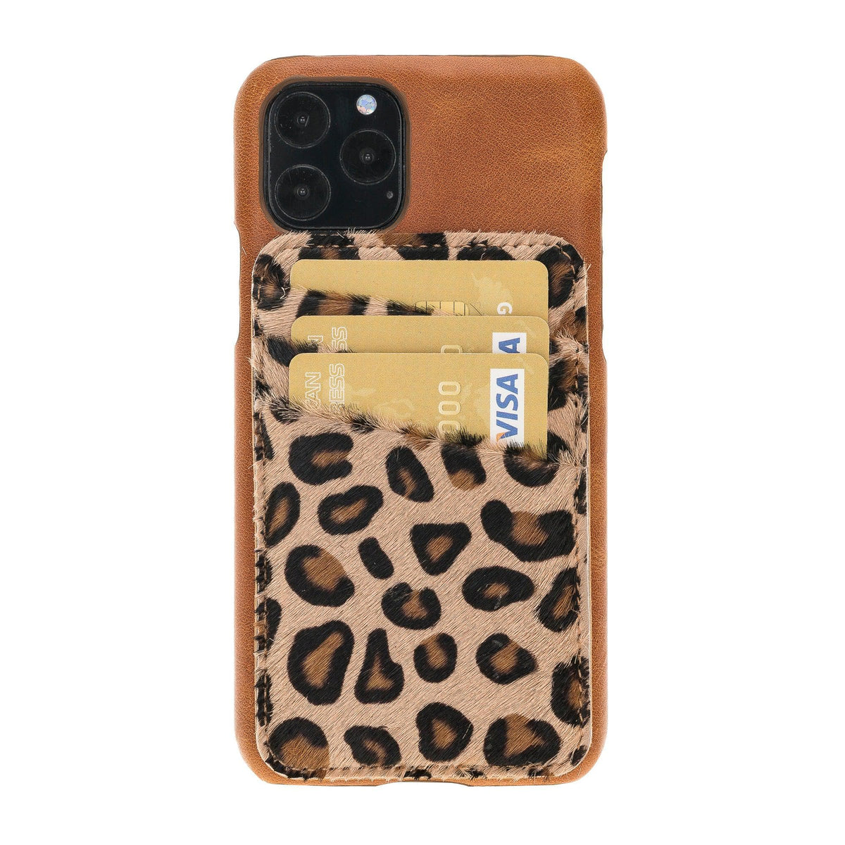 A brown iPhone 11 series case with a leopard print detachable card holder attached to the back.