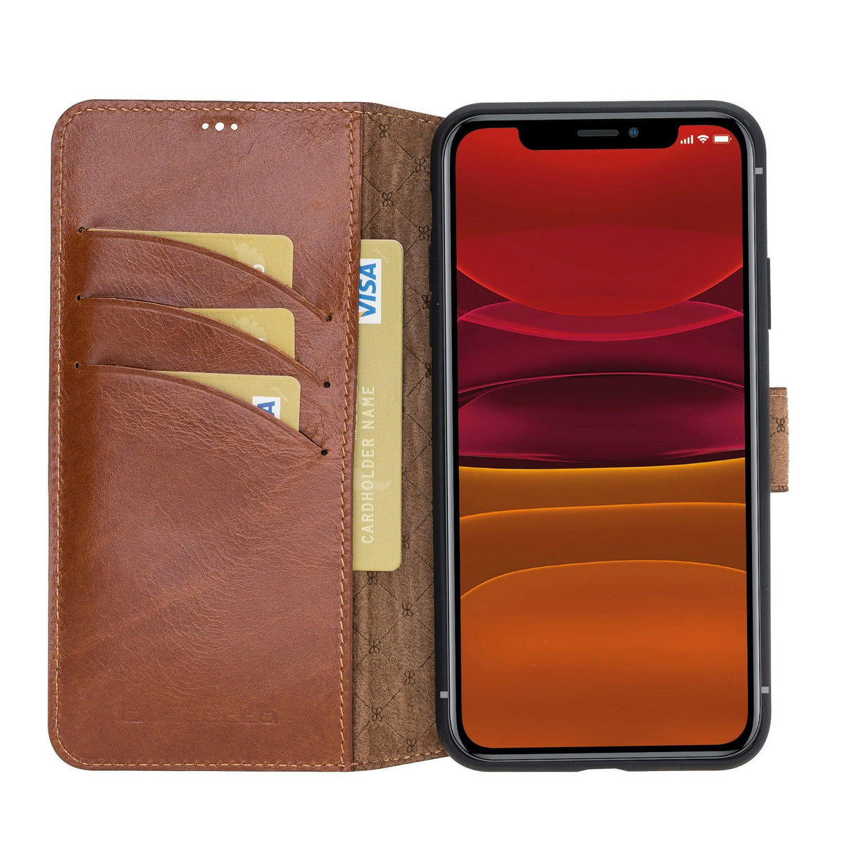 A brown leather wallet folio case opened to show the interior with card slots, displayed in front of an iPhone 11.