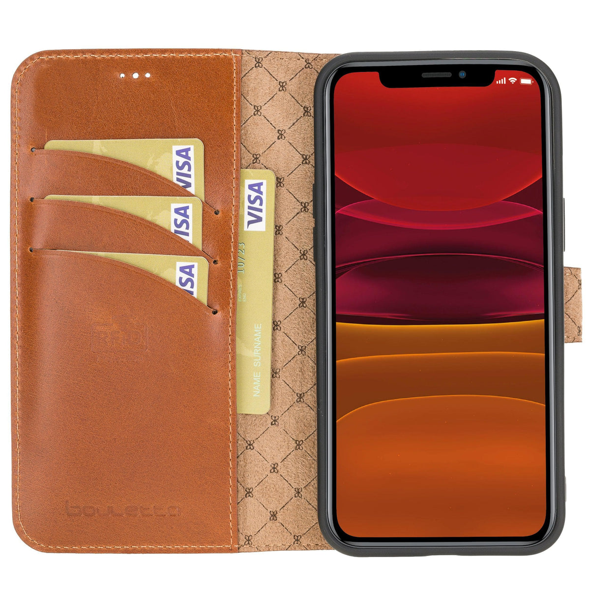 A brown genuine leather non-detachable wallet case for iPhone 12 series, displaying the interior with card slots and the exterior with the case closed around an iPhone.