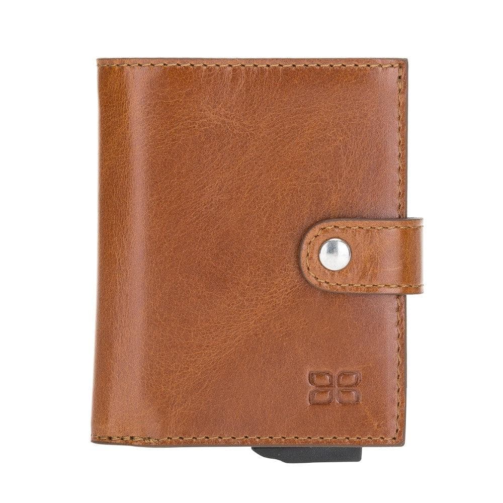 A brown genuine leather zip mechanical card holder with a buckle closure.