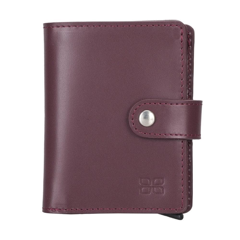 Purple leather wallet with a silver button on a white background