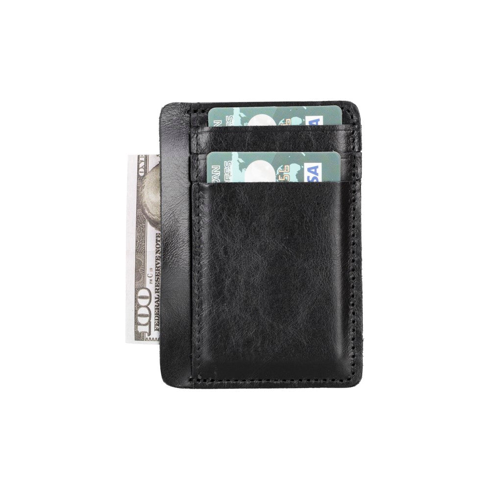 Black leather wallet with money and cards on a white background