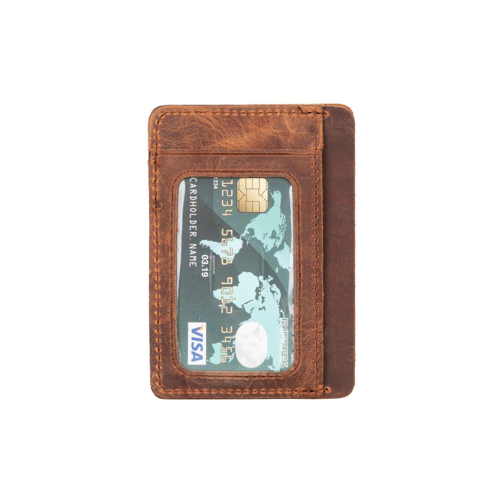 Brown leather cardholder with aVisa card on a white background