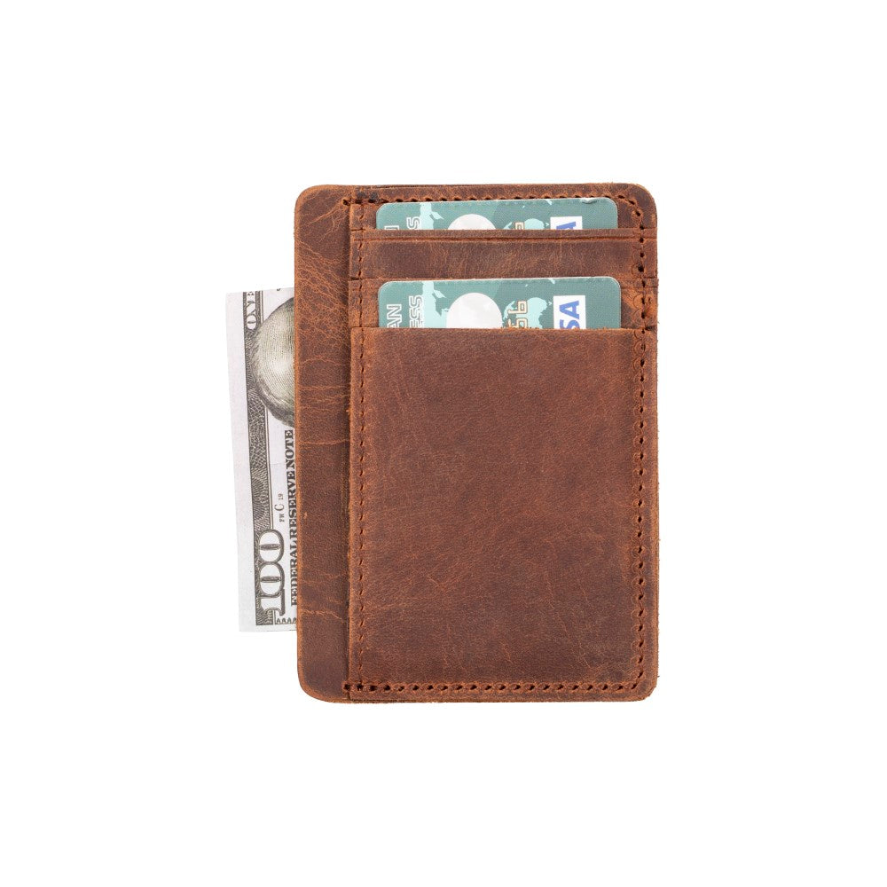 Brown leather wallet with money and cards on a white background