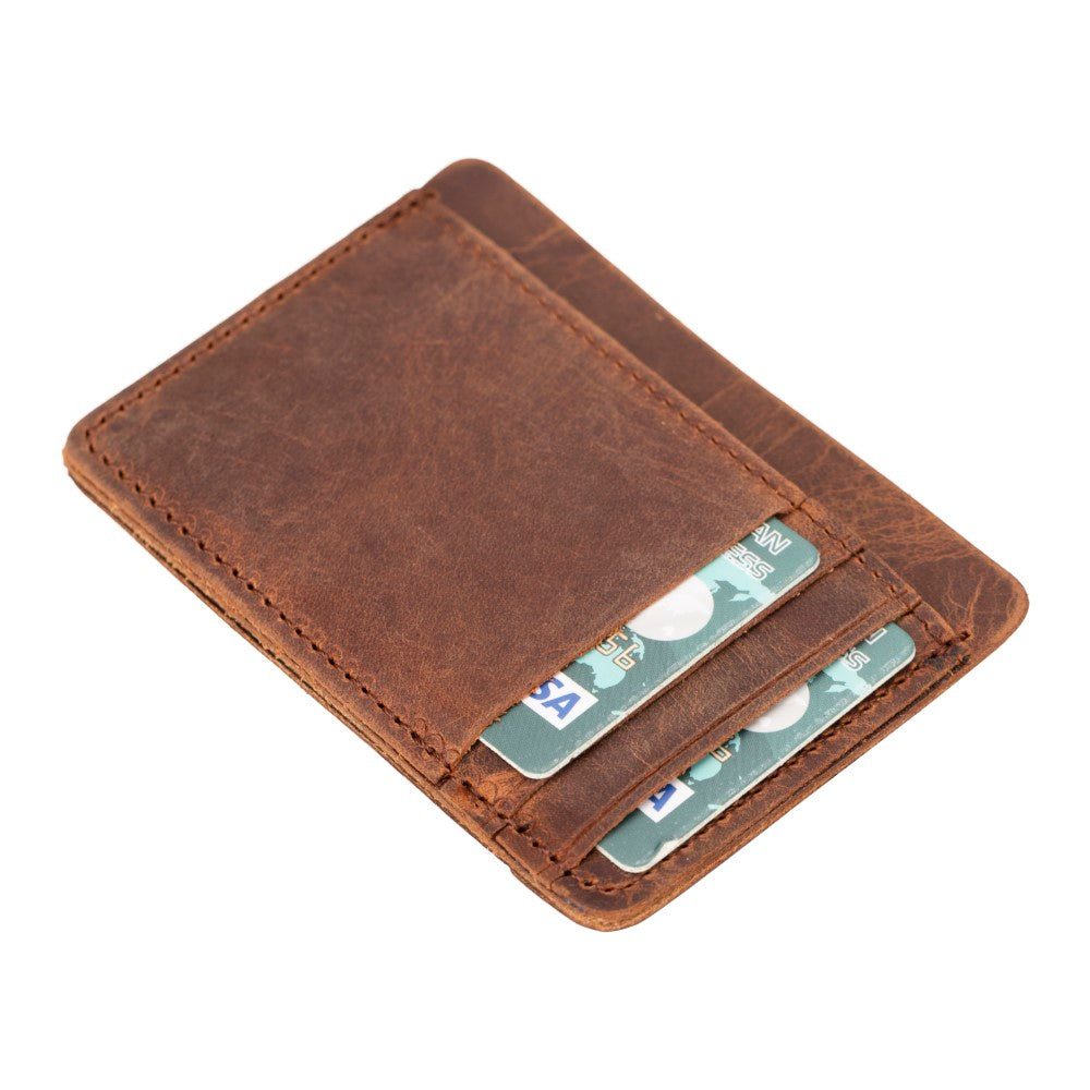 Brown leather wallet with cards on a white background