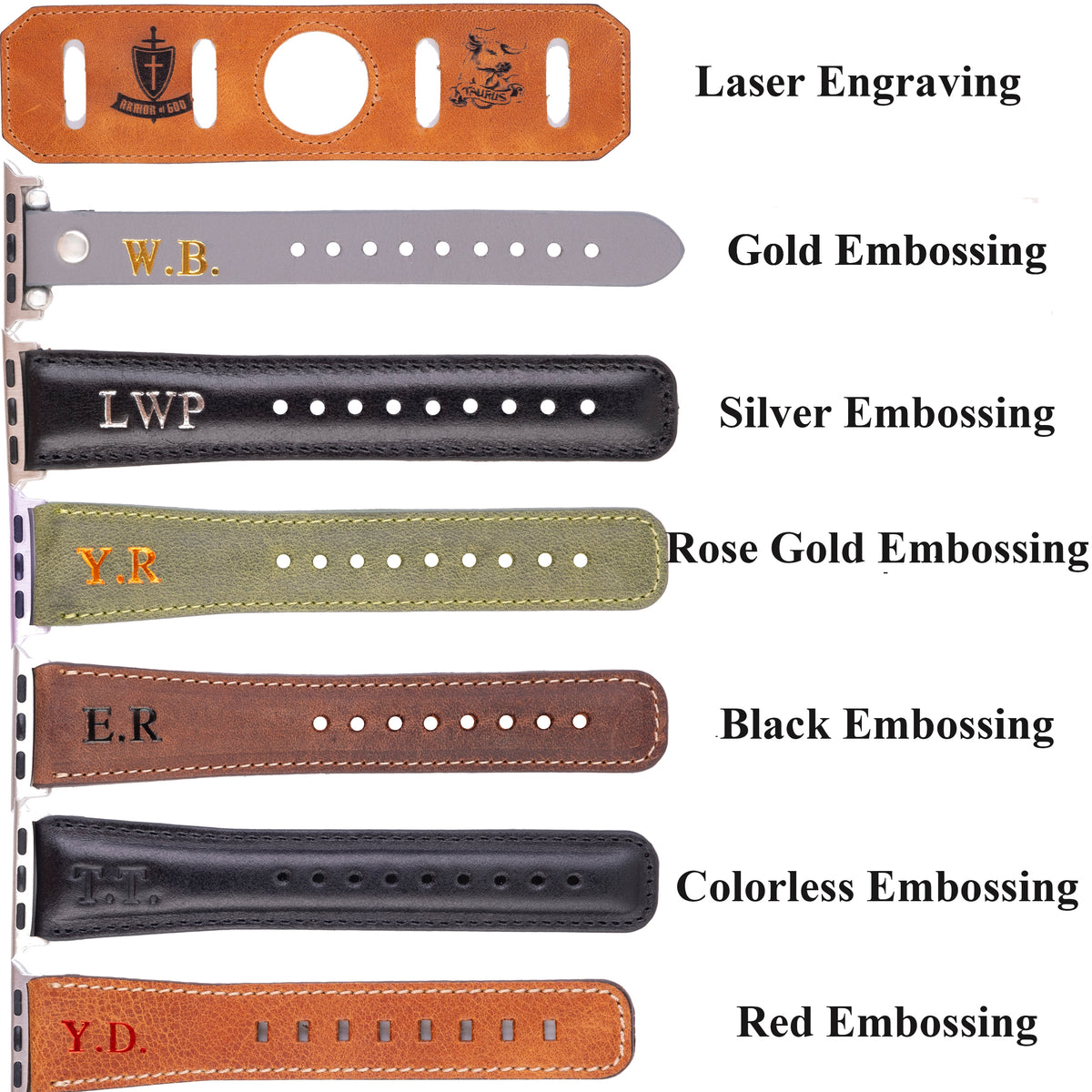 Collection of leather straps with different engraving styles and colors on a white background.