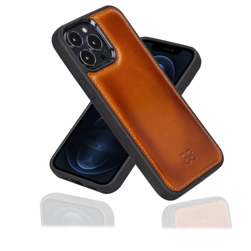 A brown genuine leather flex cover back case for an iPhone 13 series, displayed in a crossed position showing both front and back.