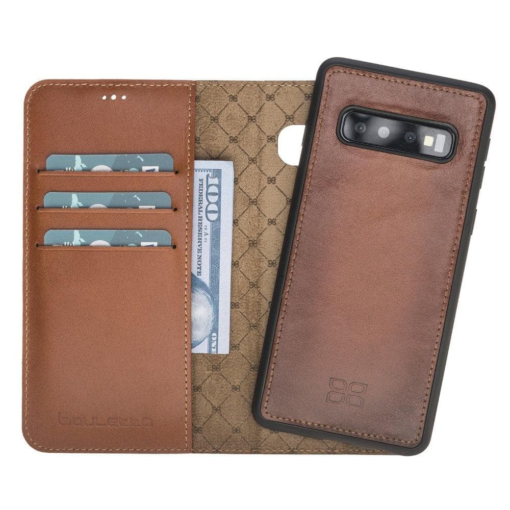 A brown genuine leather detachable wallet case for the Samsung Galaxy S10 series, showing the front card slots and the magnetic clip.