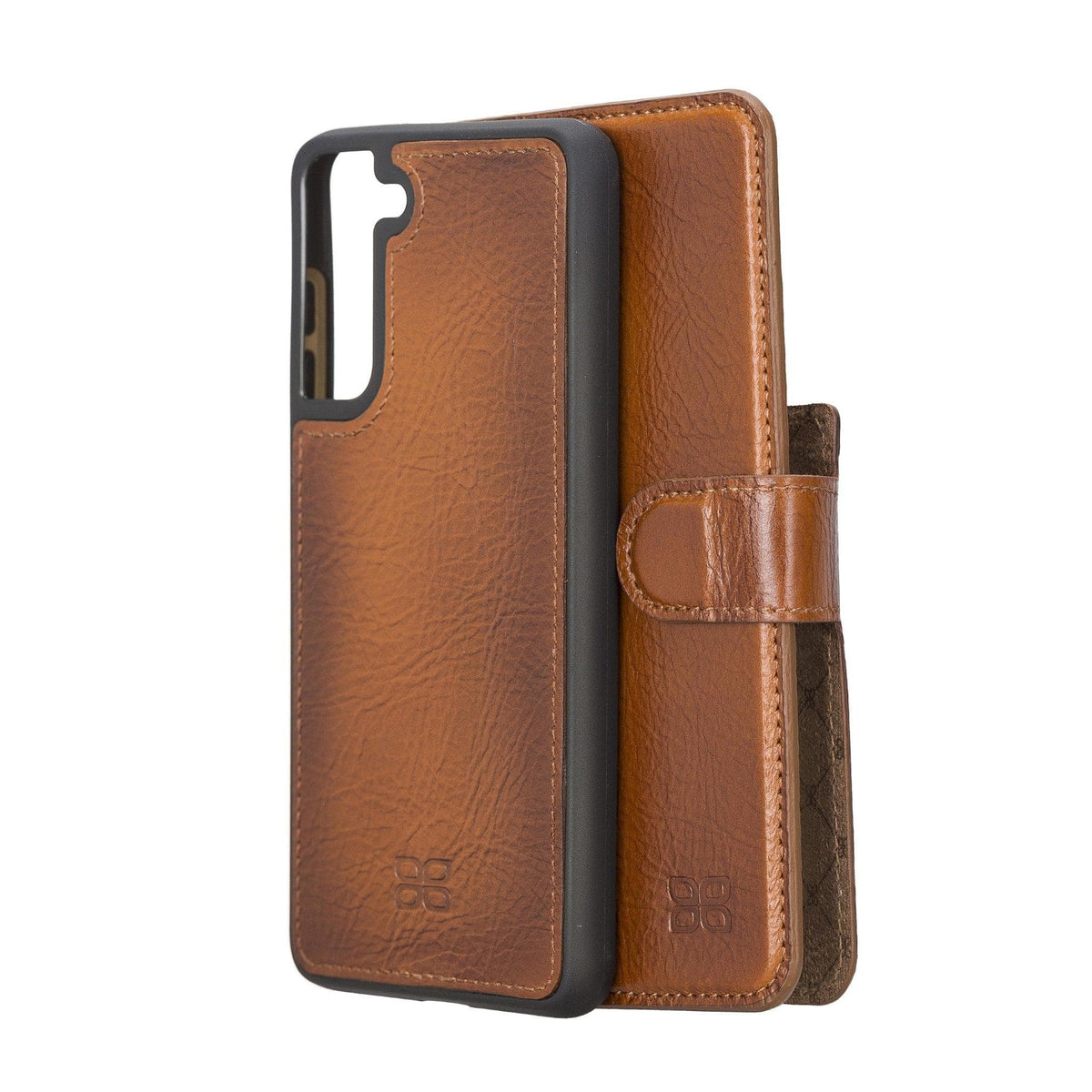 A brown genuine leather detachable wallet case for Samsung Galaxy S21 FE, showing the front card holder and the back cover with the phone case attached.