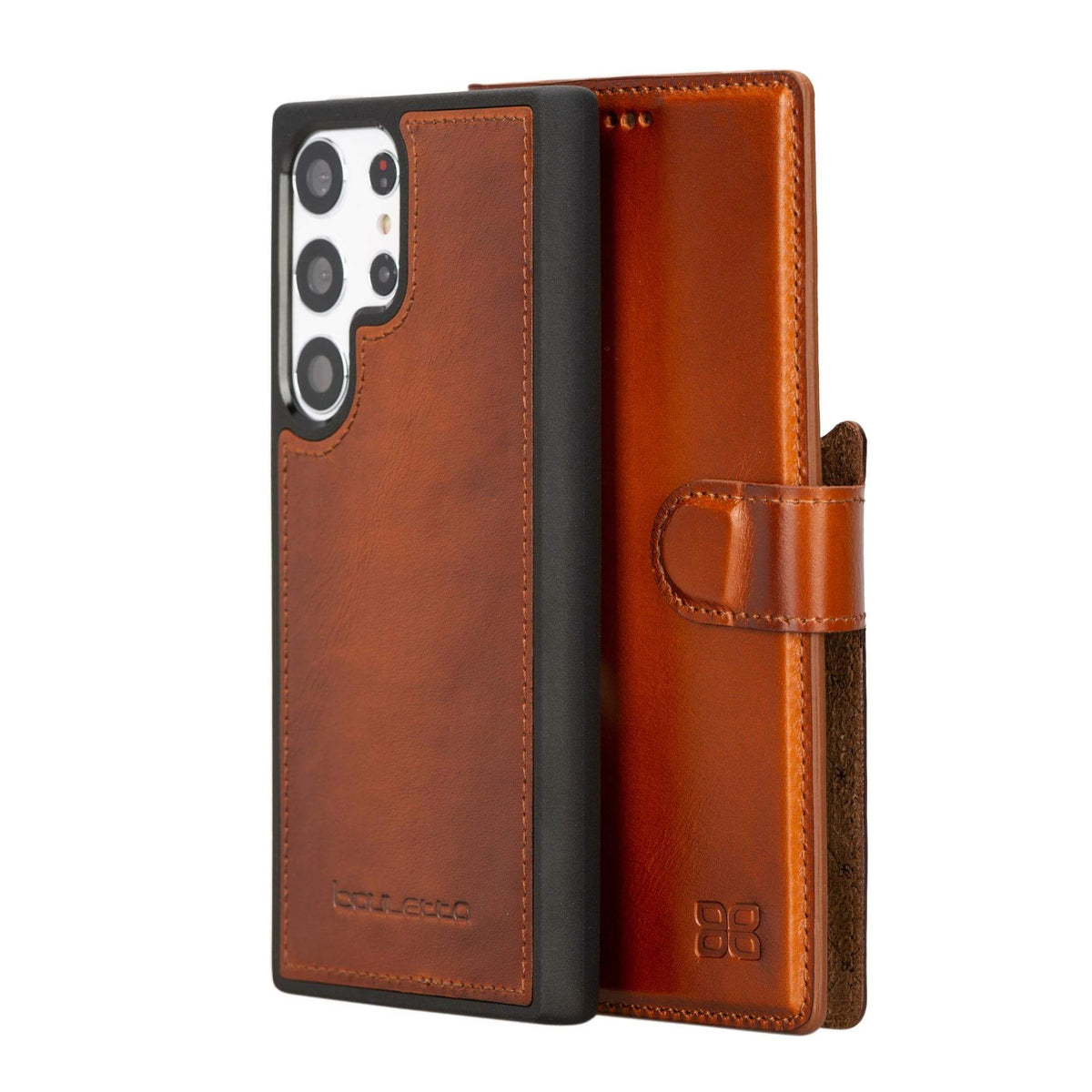 A brown Samsung Galaxy S23 Ultra leather wallet case by Bouletta. The case is shown in an upright position with the brand logo visible on the bottom right corner.