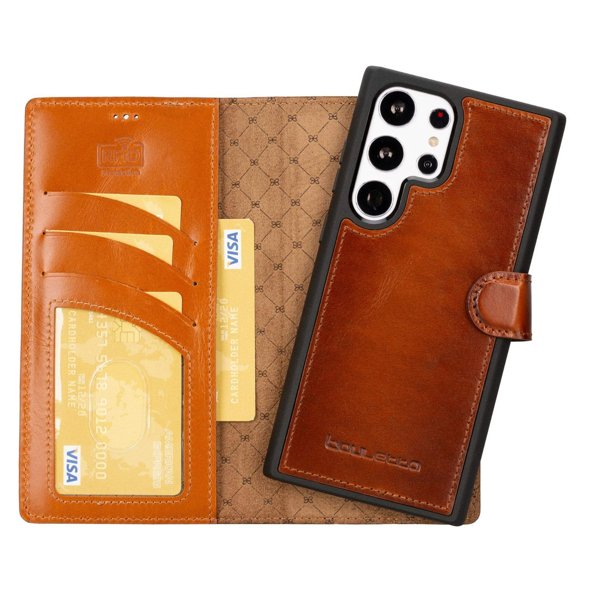 A brown leather wallet case for the Samsung Galaxy S23 series with a card holder section and a detachable phone case. It features a signal blocker and RFID protection, a kick-stand function, and is designed for elegance and minimalism.