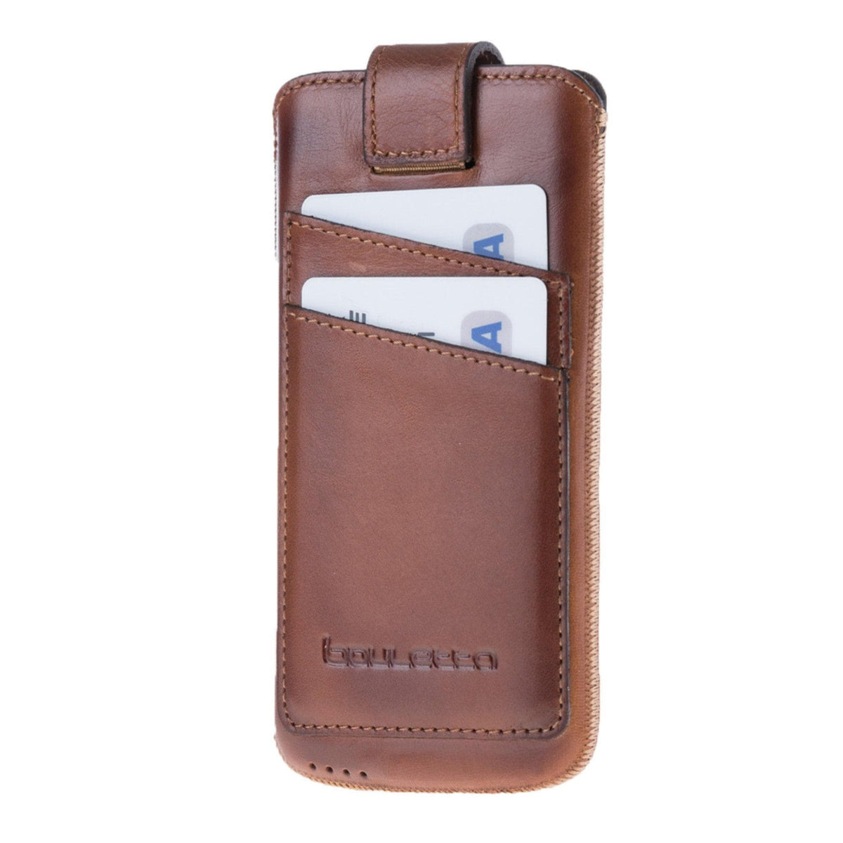 A brown leather mobile phone case with card holders, branded 'bouletto', partially covering a smartphone.