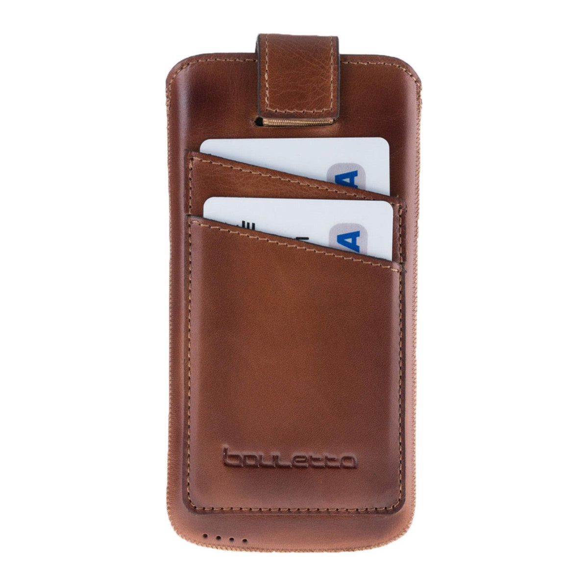 A brown leather mobile phone case with card holders, branded 'bouletto', partially covering a smartphone.