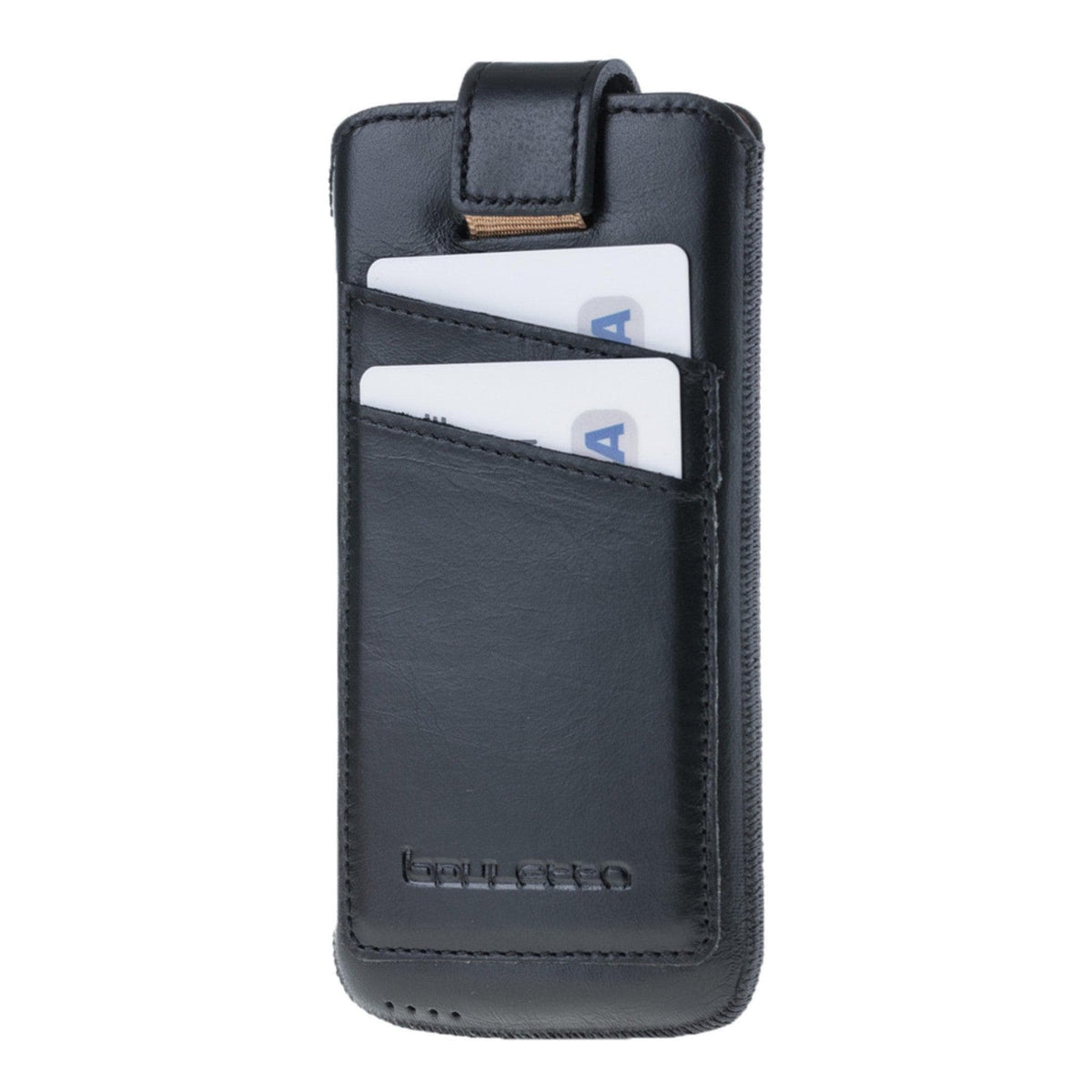 A brown leather mobile phone case with card holders, branded 'bouletto', partially covering a smartphone.