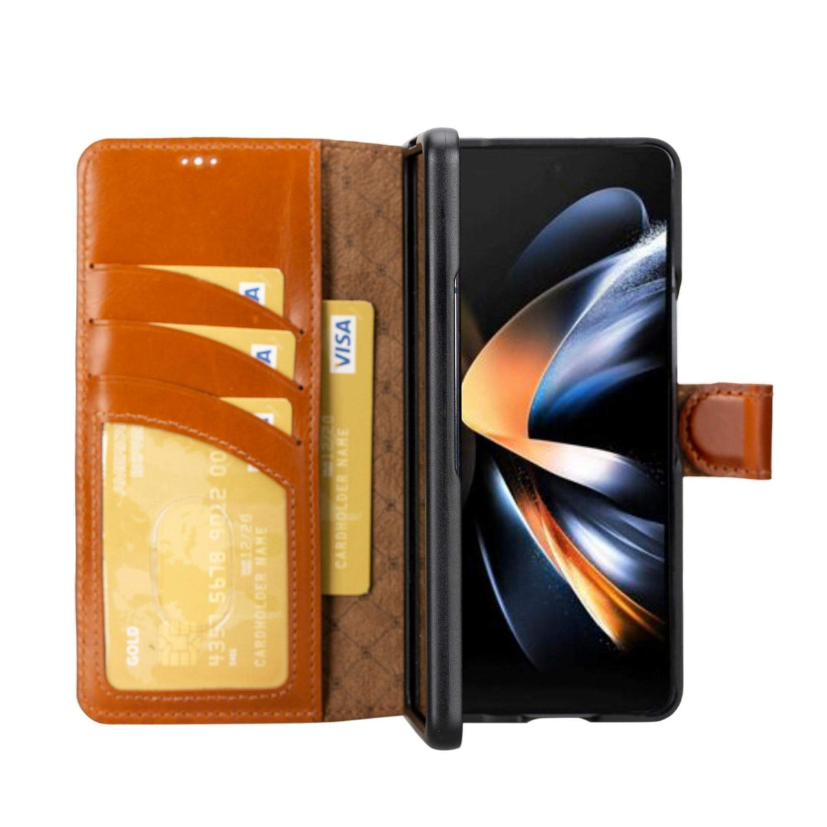 A brown genuine leather wallet case for Samsung Galaxy Z Fold 4 opened to show the interior with card slots.