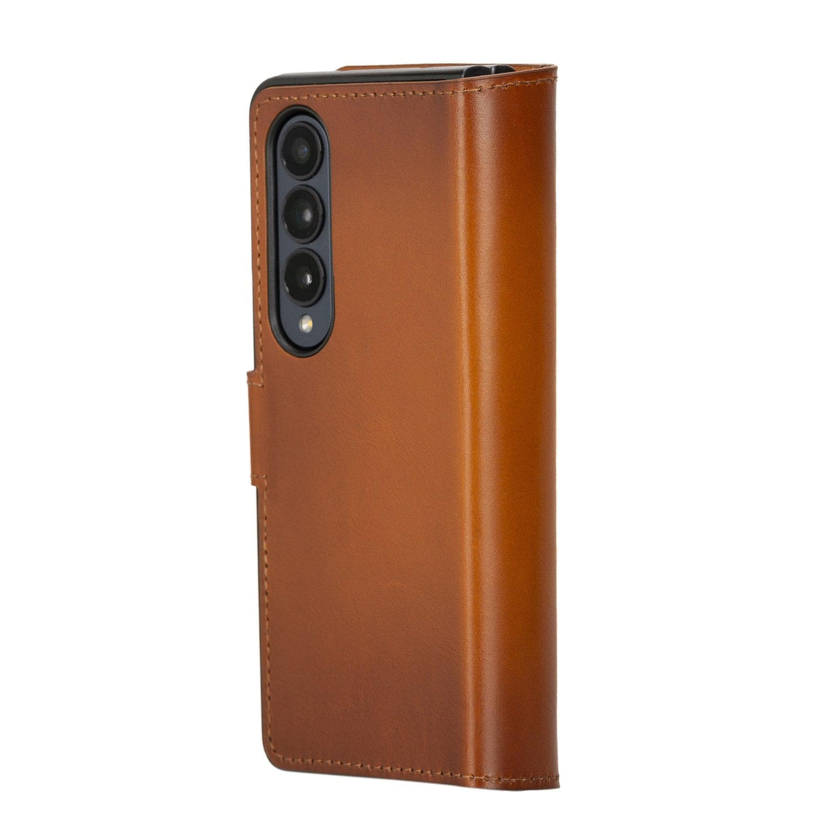 A brown genuine leather wallet case for Samsung Galaxy Z Fold 4 opened to show the interior with card slots.