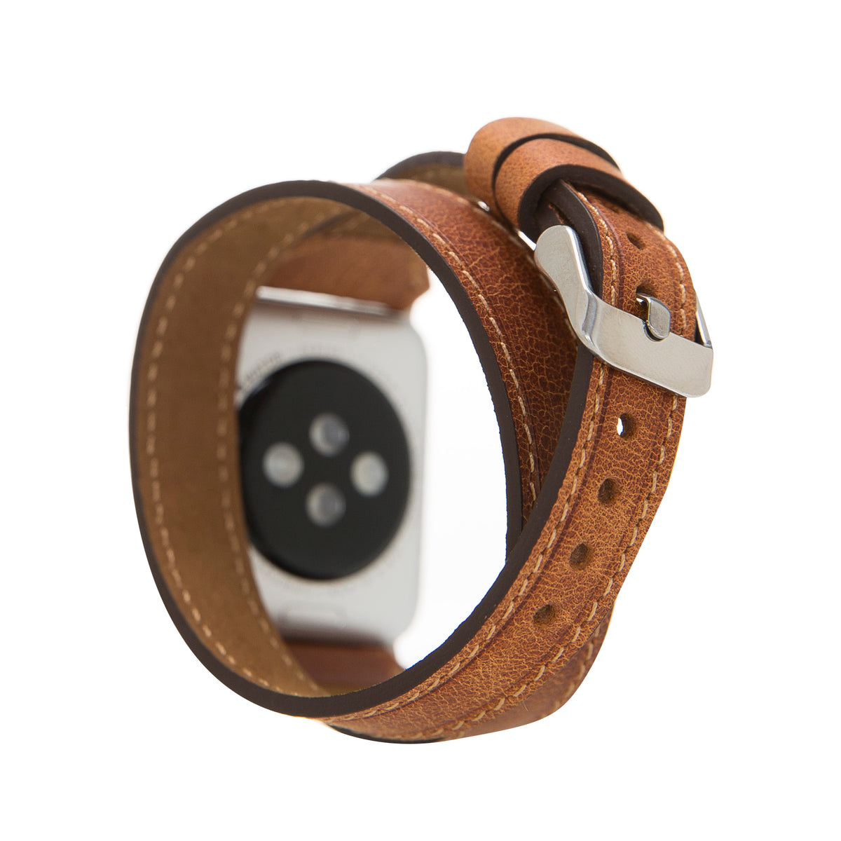 Brown leather watch strap with metal buckle on a white background
