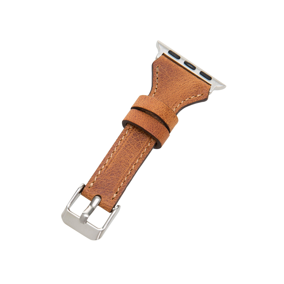 Brown leather watch strap with silver buckle on a white background